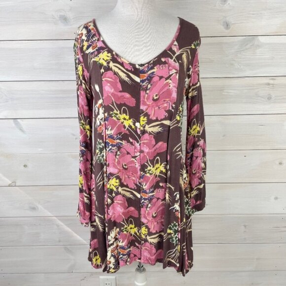 O'neill Brown Pink Yellow Floral Long Sleeve Beach Dress - Picture 1 of 7
